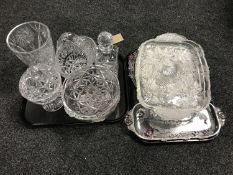 Two trays of assorted glass ware including lead crystal whisky decanter, vase, basket,