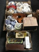 Three boxes of antique and later teapots, storage box,