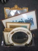 A box of assorted framed pictures - Lawson Wood print, ornate gilt framed mirror,