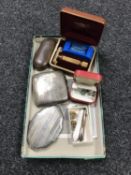 A silver compact, silver cigarette case, a vintage Gilette cartridge razor, cuff links,