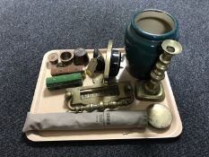 A tray of Yamaha recorder, vintage brass letter box, brass candlestick, Maxim mantel clock,