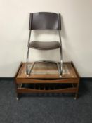 A 20th century teak tiled topped trolley and a tubular metal chair