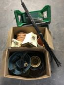 A garden stool and three boxes of garden equipment including pots, water feature,