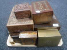 A tray of assorted trinket boxes, metal state express cigarette tin,