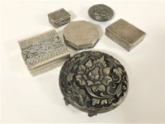 A collection of six continental silver and white metal snuff / stamp boxes.