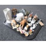 A tray of continental figures, pottery bull money box, copper lustre jug,