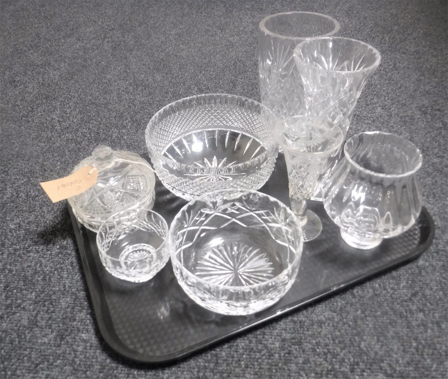 A tray of eight pieces of glass - vases,