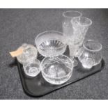 A tray of eight pieces of glass - vases,