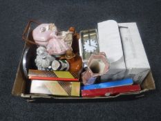 A box of assorted china and miscellany - figures, Maling biscuit barrel, Art Deco mantel clock,