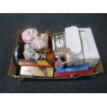 A box of assorted china and miscellany - figures, Maling biscuit barrel, Art Deco mantel clock,