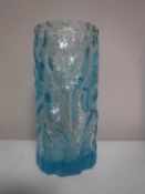 A Whitefriars Geoffrey Baxter designed cylindrical bark vase, Kingfisher blue,