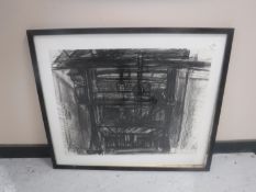 Donald James White : Pillings Stone Mason's yard, charcoal, 59 cm x 74 cm, framed.