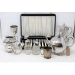 A quantity of silver plated items - Part tea services, two sifters, a presentation goblet,