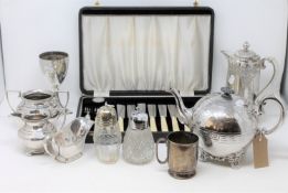 A quantity of silver plated items - Part tea services, two sifters, a presentation goblet,