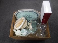 A box of assorted glass ware, Wedgwood bowl and candlesticks, Adams gravy boat,