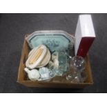 A box of assorted glass ware, Wedgwood bowl and candlesticks, Adams gravy boat,