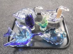 A tray of six pieces of late 20th century Venetian Murano glassware to include four bird bowls