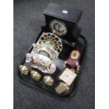 A tray of ten assorted mantel and desk clocks