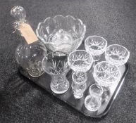 A tray of assorted glass ware and lead crystal including etched liqueur decanter, vases, bowls,