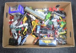 A box of mid 20th century and later pay worn die cast vehicles,