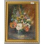 John Falconar Slater : Still life with mixed flowers on a shelf, oil on panel, signed,