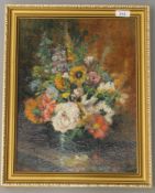 John Falconar Slater : Still life with mixed flowers on a shelf, oil on panel, signed,