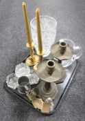 A tray of assorted glass ware, brass candlesticks, pewter tankard,