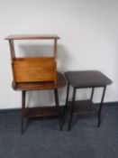 Two early 20th century occasional tables and a yew wood magazine rack