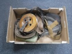A box of wooden Scarborough fishing reel and four vintage cartridge bags