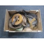 A box of wooden Scarborough fishing reel and four vintage cartridge bags