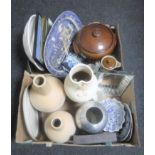 Two boxes of vases, Victorian meat plate, stone ware storage jar,