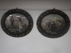 A pair of Edwardian oval lithographic prints - figures working in a field