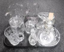 A tray of assorted glassware and lead crystal including lidded jars, preserve pots,