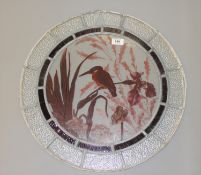 A circular leaded glass panel with hand painted "Kingfisher" decoration, diameter 52 cm.