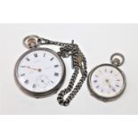 A silver open face pocket watch on Albert chain with key,