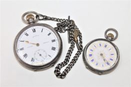A silver open face pocket watch on Albert chain with key,