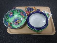 A tray of three pieces of Maling pottery, Falcon Ware wall plaque and a J.
