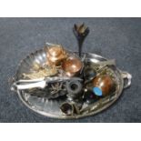 A silver plated twin handled gallery tray, assorted plated and metal wares,