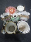 Two boxes of Victorian transfer printed vases, planters, carnival glass dish,