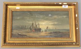 Nineteenth Century School : Fishermen unloading the day's catch at sunset, oil on canvas,