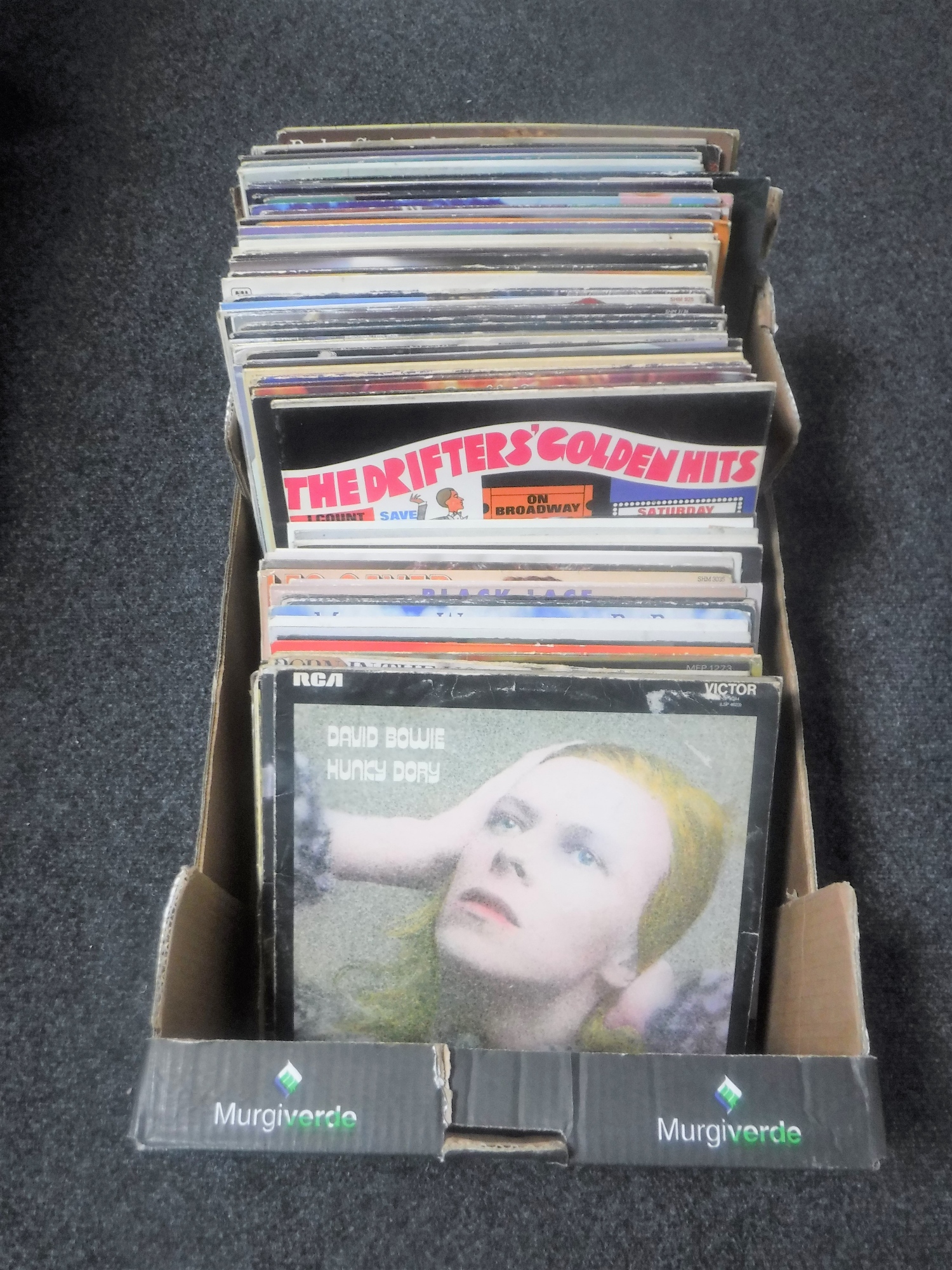 A box of collection of vinyl LP records mainly 70's and 80's including David Bowie, Rod Stewart,