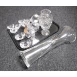 A tray of assorted glass ware and crystal - Stewart Crystal candlesticks,