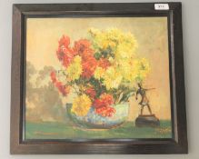 John Falconar Slater : Still life with chrysanthemums in a blue bowl and small statue, oil on panel,