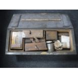 A vintage pine joiner's tool box containing hand tools