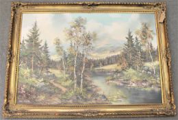 John Corcoran : A river flowing through a mountainous landscape, oil on canvas, signed,