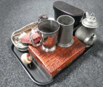 A tray of cased cutlery, cased binoculars, pewter teapot,