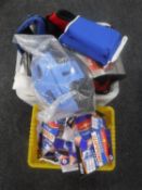 Two crates of sports pads, protective helmets, Neoprene supports,