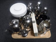 A tray of assorted plated wares - tea service, cocktail shakers, whiskey jug,