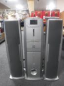A Ministry of Sound power tower music system with speakers and remote.