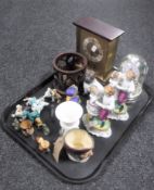 A tray of Royal Doulton character jug, figures, Wedgwood vase, mantel clock,
